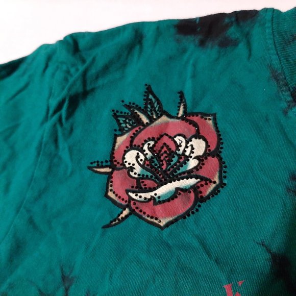 Affliction Black Label medium Size T shirt green black tye dye roses heart tee - Picture 3 of 5